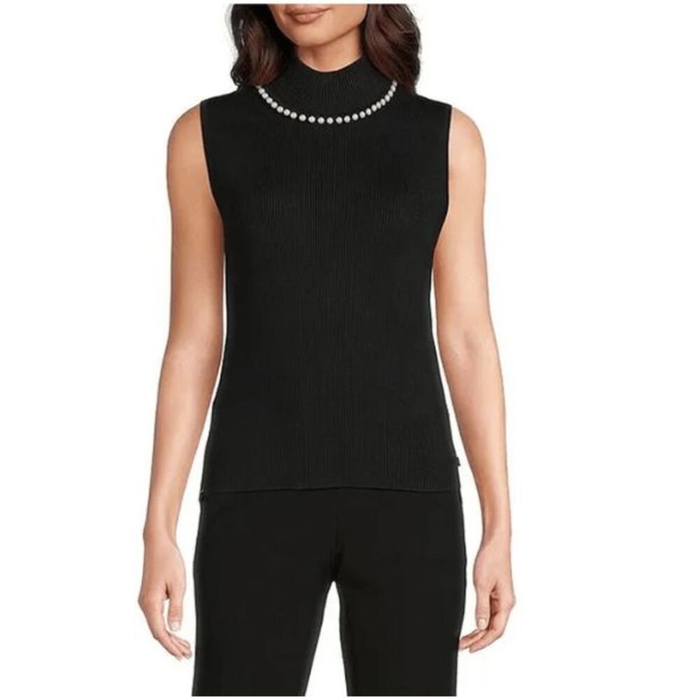 KARL LAGERFELD PARIS Knit Mock Neck Sleeveless Pearl Detail Top Stretch Medium‎